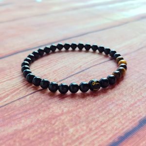 Black Tourmaline with Tiger’s Eye & Black Onyx Six-Syllable Mantra Bracelet—Protection·Courage·Grounding