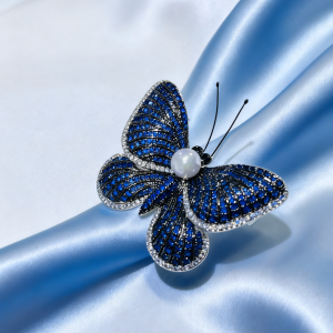 Blue Butterfly Brooch with Akoya Pearl – Elegant Dreamy Statement Piece