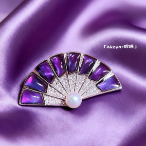 Purple Mother-of-Pearl Fan Brooch with Akoya Pearl – New Chinese Aesthetic Elegance