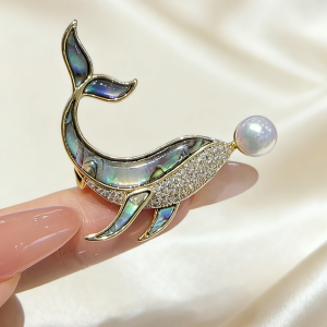 Abalone Mother-of-Pearl Dolphin Brooch with Akoya Pearl – Ocean Elf Whimsical Elegance