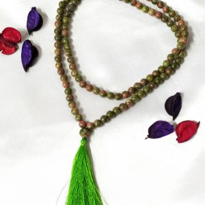 Natural 8mm Durable Earthy Green Unakite Gemstone Jap Mala with 108 Beads for Meditation and Stress Relief At Low Rate