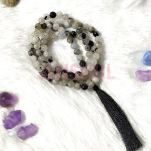 Unique Collection 8mm Black Rutile Gemstone Jaap Mala 108 Prayer Beads Top Notch Quality Durable Jewelry for Meditation Stress