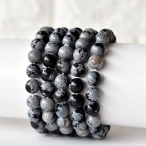 Snowflake Black Obsidian 8mm Polished Beaded Bracelet Natural Healing Meditation Jewelry Fashion Lovers Anniversary